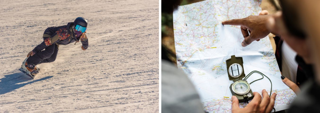Two photos: one shows a snowboarder on the slope, the other a man with a map and a compass