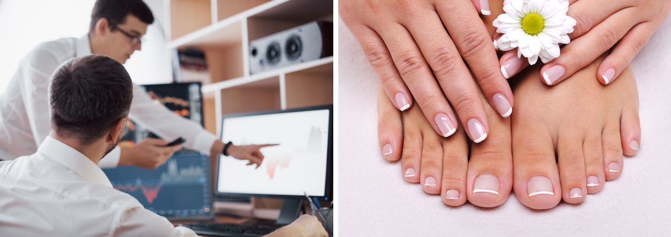 collage of two images. In one, colleagues discussing work displayed on a computer screen. In the other, well-groomed hands and feet