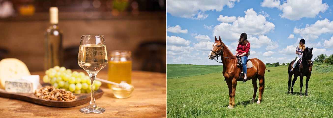 Zestawione dwa zdjęcia. Na pierwszym na stole pełen kieliszek i butelka białego wina, deska serów i winogrona. Na drugim słoneczny dzień na polanie, dwie kobiety na przejażdżce konnej.