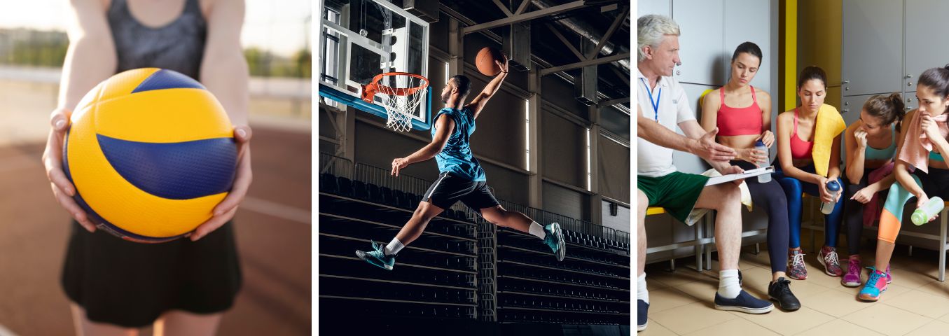 Trzy zdjęcia na których widać sportowców trzech dyscyplin koszykówki, siatkówki i piłki ręcznej.