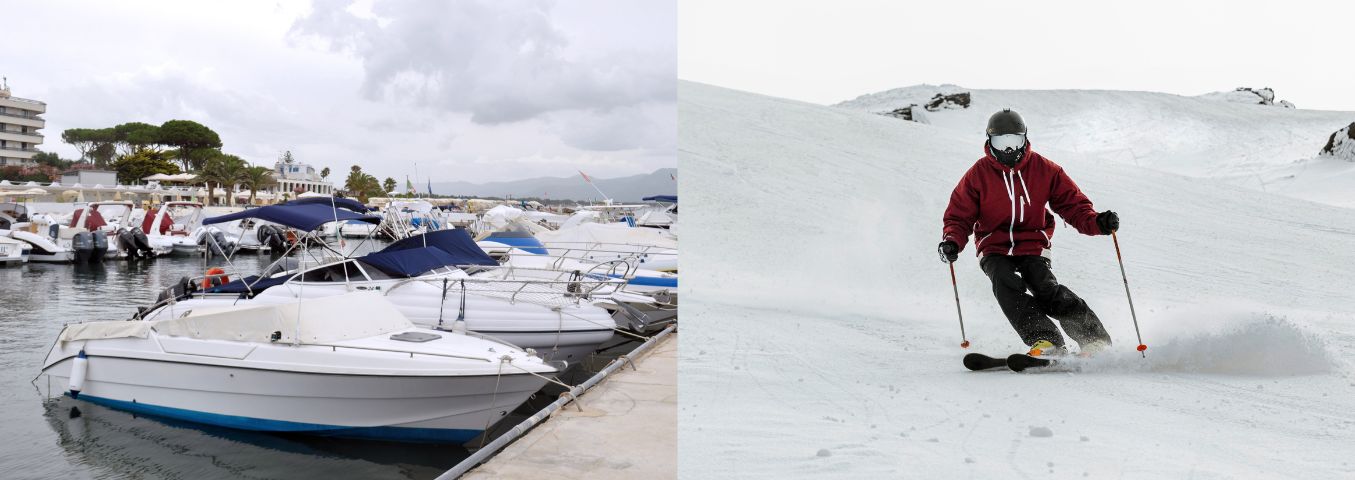 Marina with yachts and skier on the slope