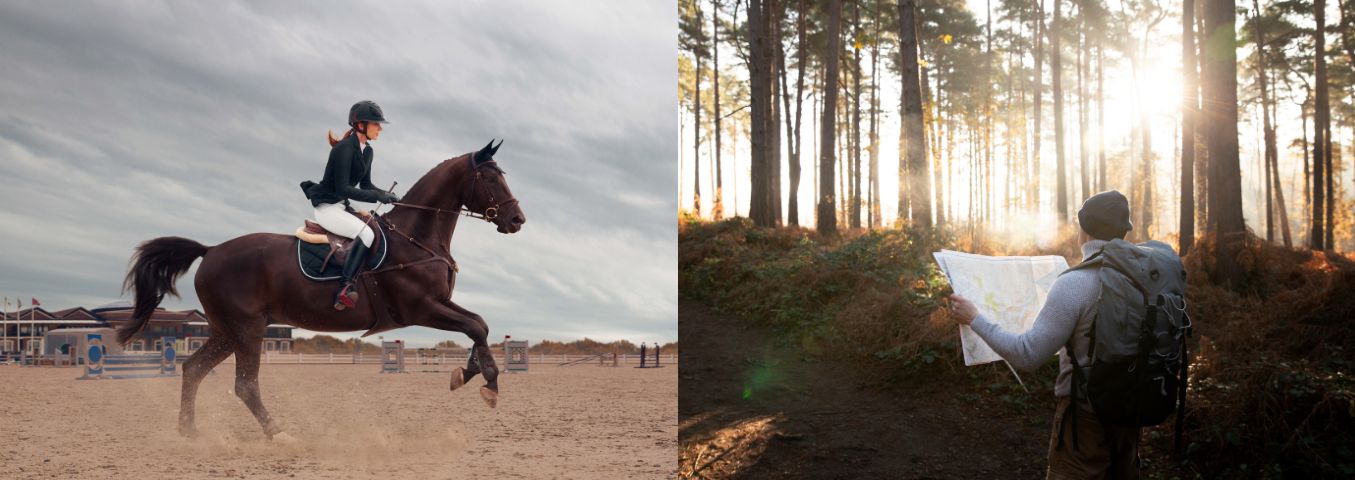 Dwa zdjęcia, na pierwszym dziewczyna w stroju jeździeckim na koniu podczas jazdy. Na drugim zdjęciu turysta z plecakiem na szlaku leśnym z rozłożoną mapą.