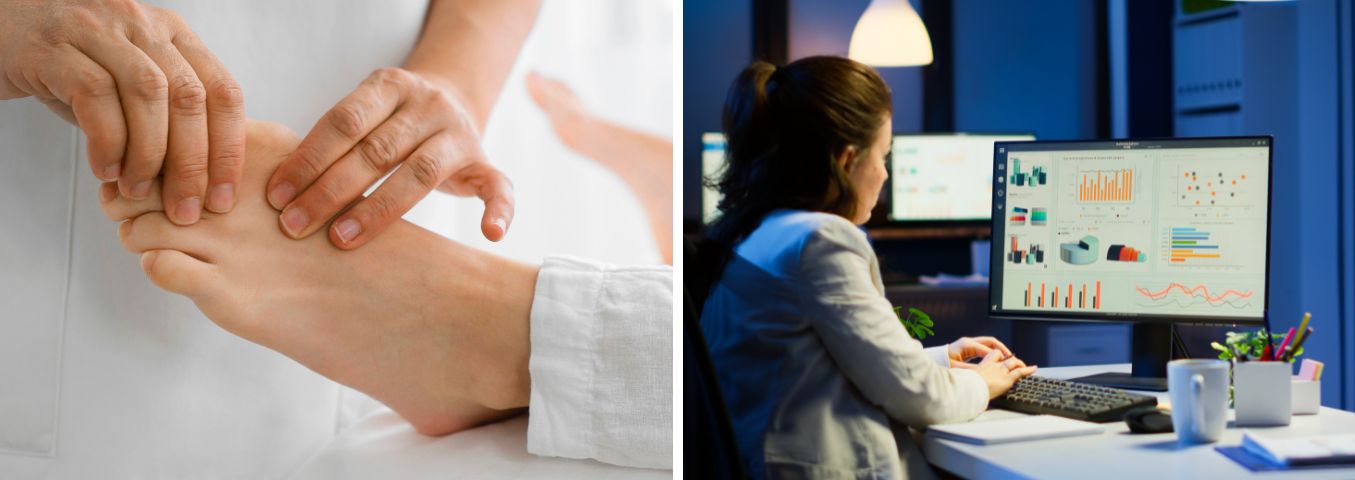 two pictures: on the left feet and hands on the right of a woman in front of a computer