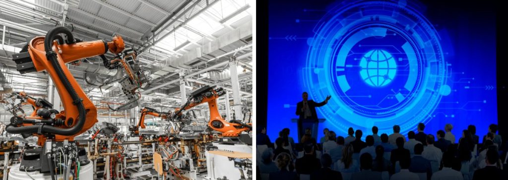 Dwa zdjęcia - na jednym konferencja na drugim maszyny w fabryce