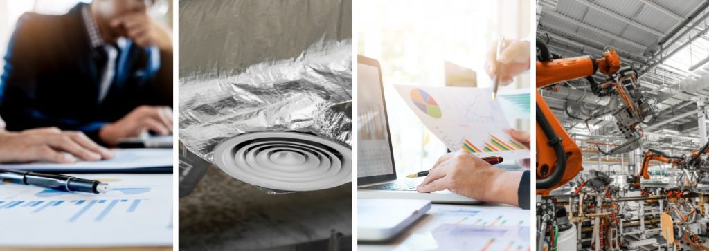 Kolaż 4 zdjęć przedstawiających branżę biznesową