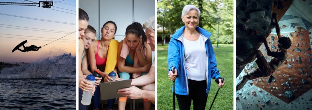 Trzy zdjęcia pokazujące ludzie w różnych dyscyplinach sportowych