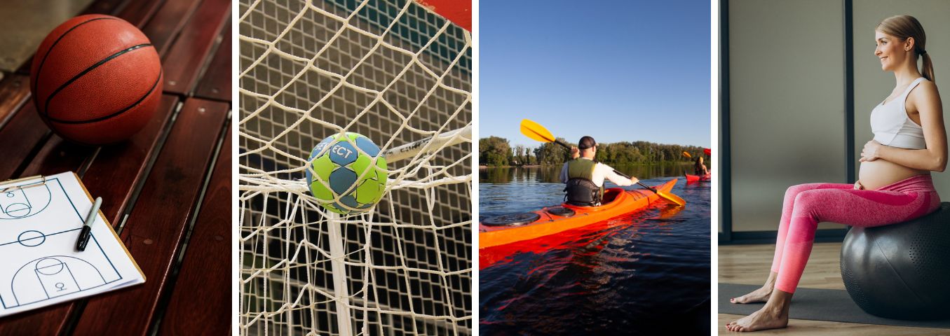 Cztery zdjęcia przedstawiają dyscypliny sportowe: koszykówkę