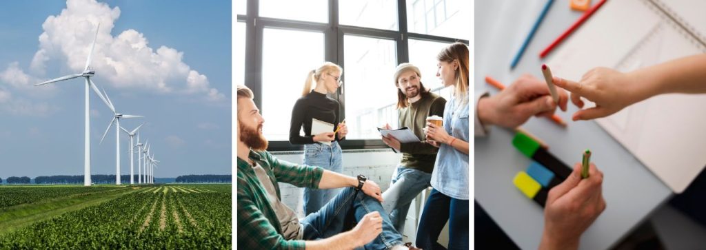 Zestawienie trzech zdjęć. Na pierwszym krajobraz pola z rzędem wiatraków. Na drugim 4-osobowa mieszana grupa pracowników