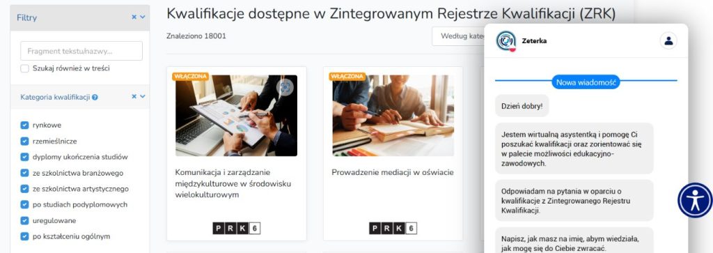 Zrzut ekranu rejestru kwalifikacji