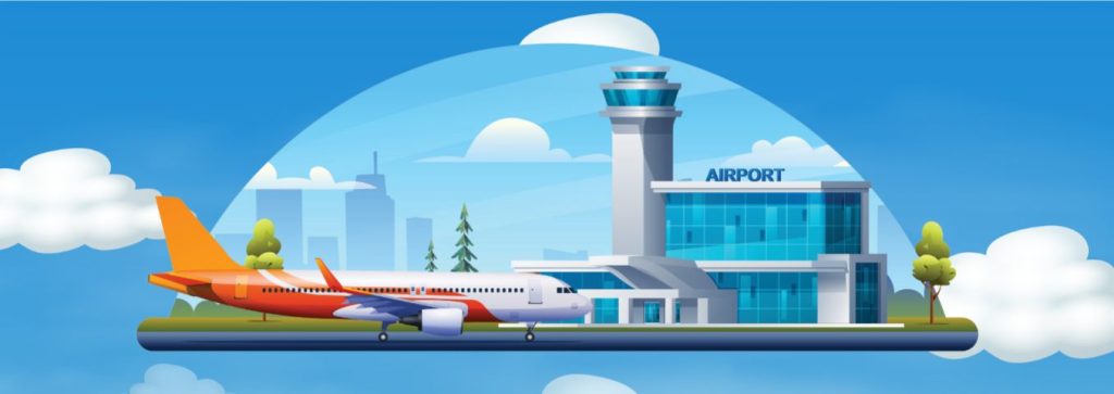 Rysunek - samolot przy wieży kontrolnej na lotnisku