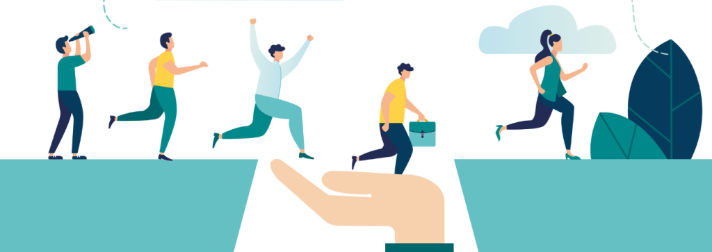 Rysunek postaci przechodzących przez przepaść po pomocnej dłoni