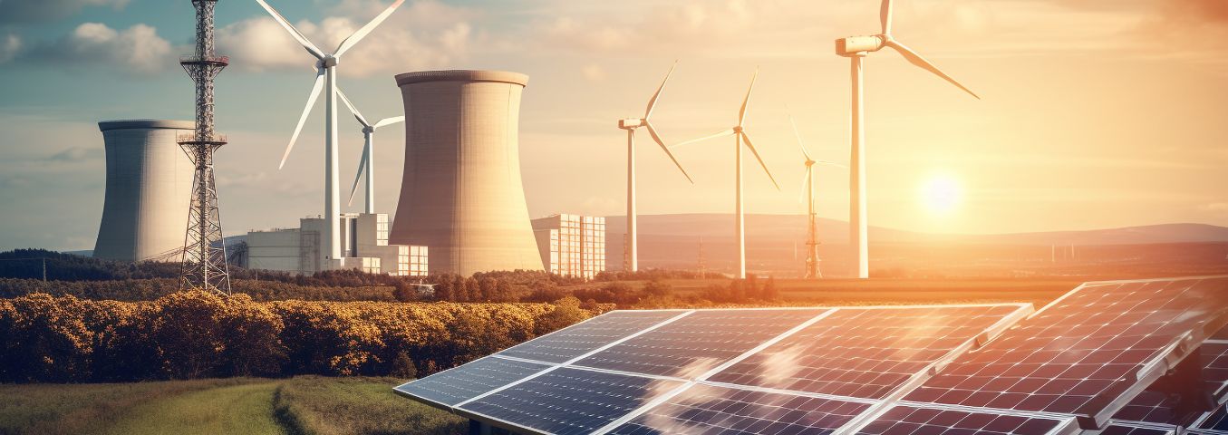 Na zdjęciu wiatraki, fotowoltaika i elektrowania atomowa