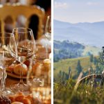 Dwa zdjęcia. Na jednym stół w restauracji, na drugim rower na tle gór