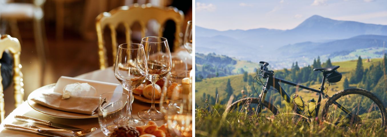 Dwa zdjęcia. Na jednym stół w restauracji, na drugim rower na tle gór