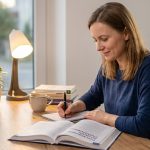 Kobieta przy biurku - uczy się